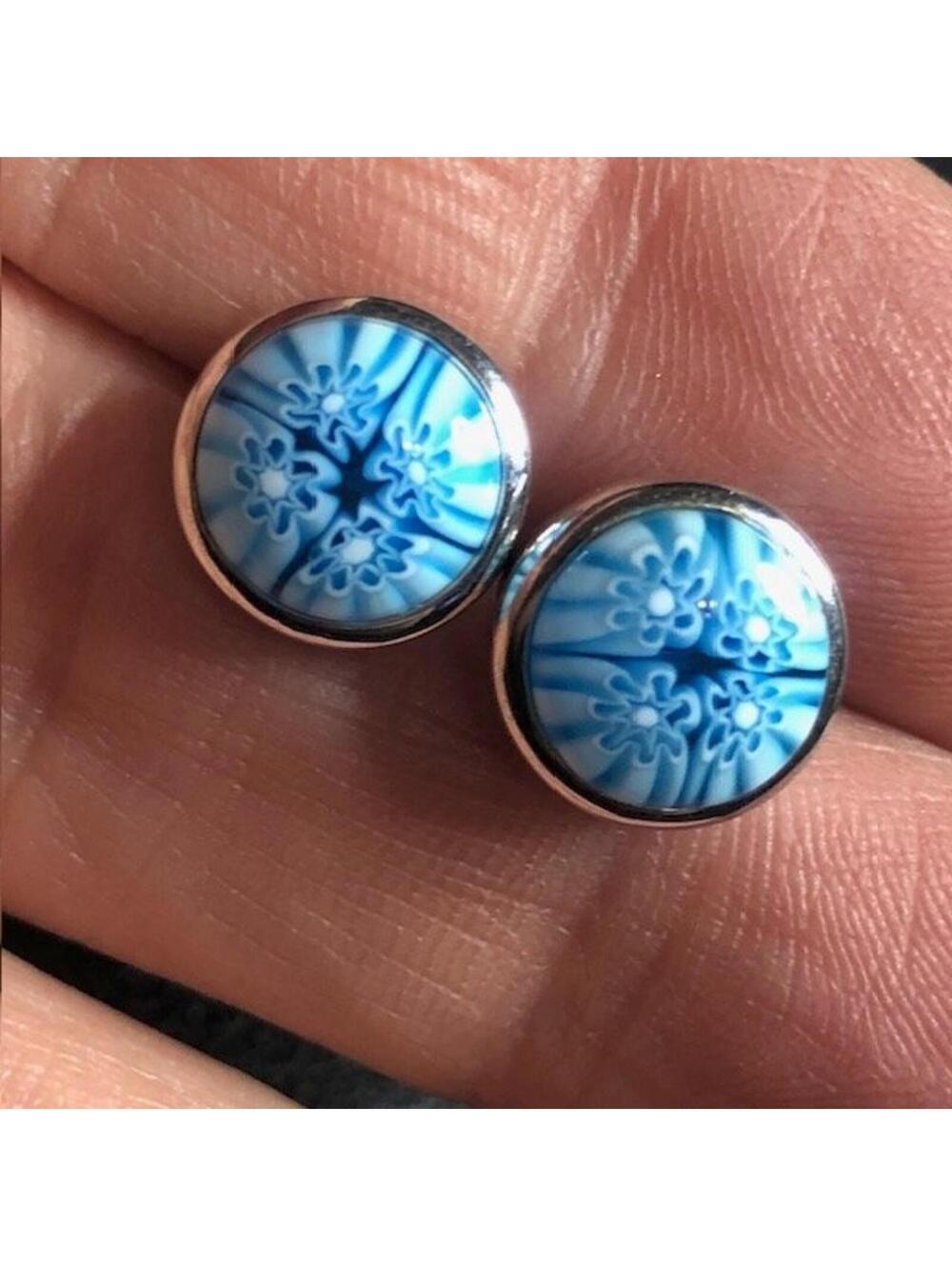 B2126 Alan K Koulian Millefiori Stud Earrings Sterling Silver Blue Floral